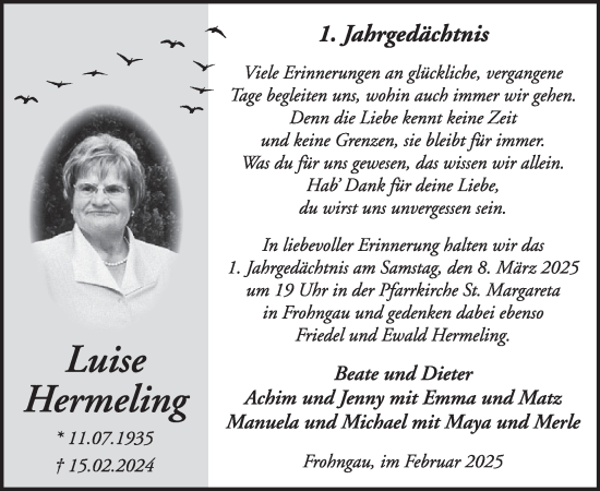 Traueranzeige von Luise Hermeling von WochenSpiegel