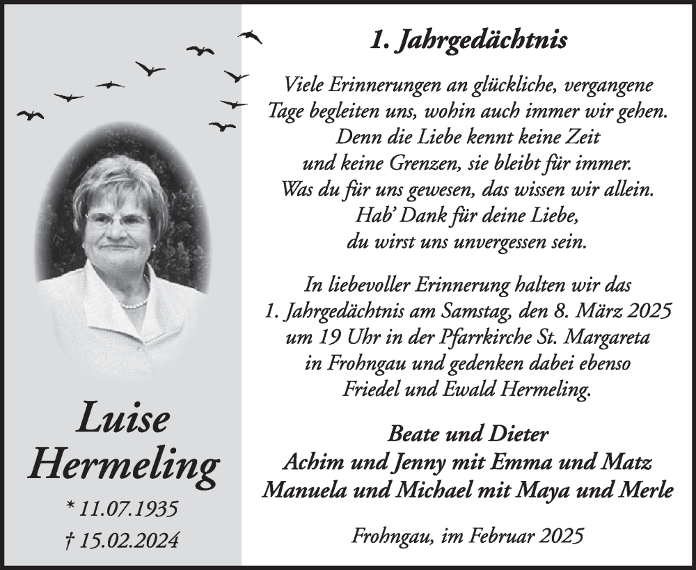  Traueranzeige für Luise Hermeling vom 26.02.2025 aus WochenSpiegel