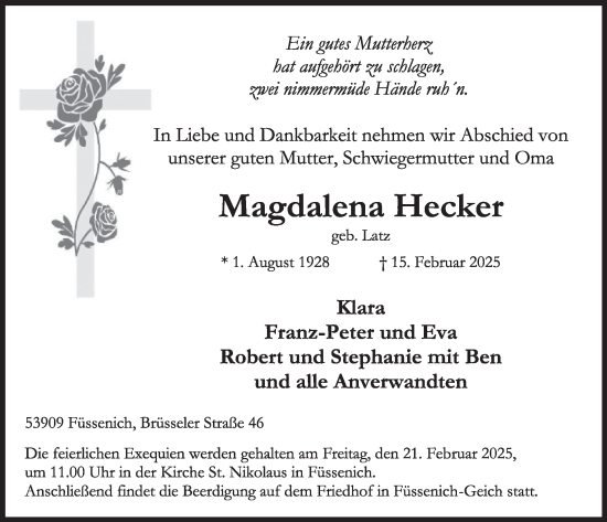 Traueranzeige von Magdalena Hecker von WochenSpiegel