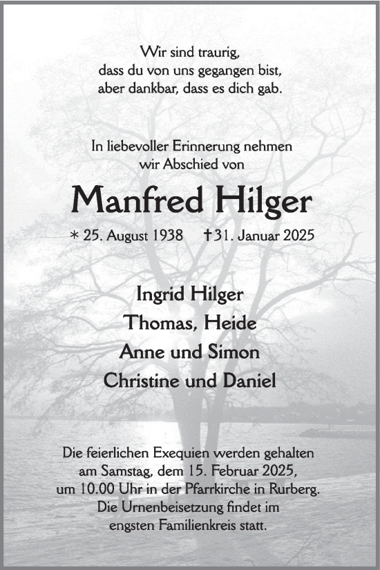 Traueranzeige von Manfred Hilger von WochenSpiegel
