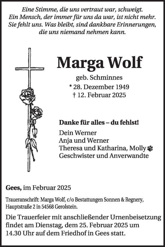 Traueranzeige von Marga Wolf von WochenSpiegel