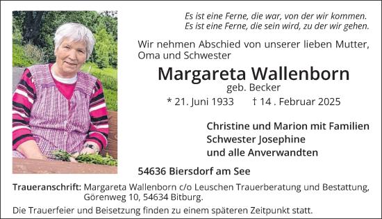 Traueranzeige von Margareta Wallenborn von WochenSpiegel