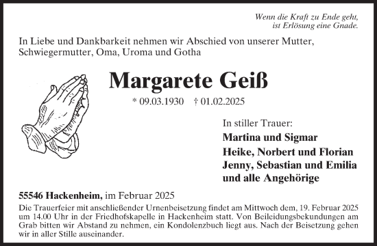 Traueranzeige von Margarete Geiß von WochenSpiegel