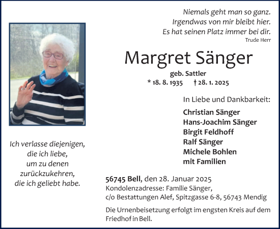 Traueranzeige von Margret Sänger von WochenSpiegel