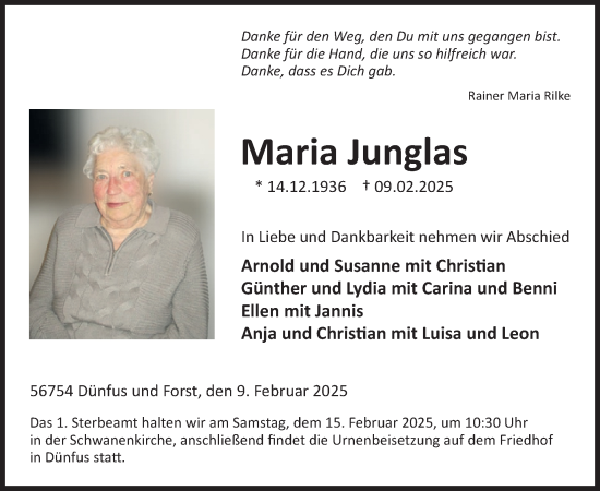 Traueranzeige von Maria Junglas von WochenSpiegel