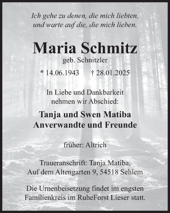 Traueranzeige von Maria Schmitz von WochenSpiegel