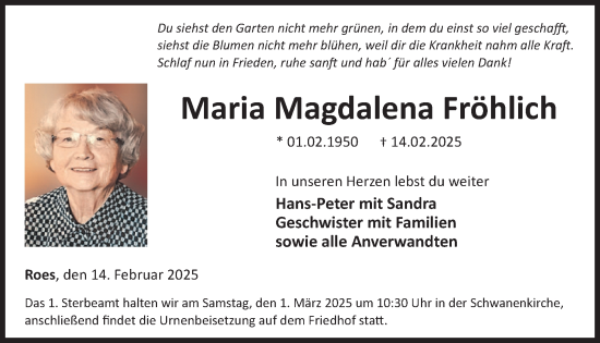 Traueranzeige von Maria Magdalena Fröhlich von WochenSpiegel