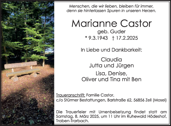 Traueranzeige von Marianne Castor von WochenSpiegel