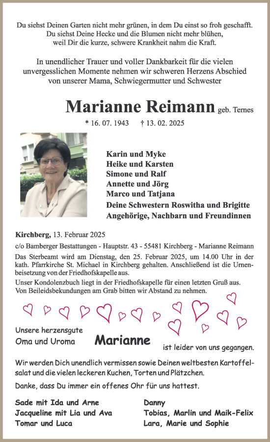 Traueranzeige von Marianne Reimann von WochenSpiegel