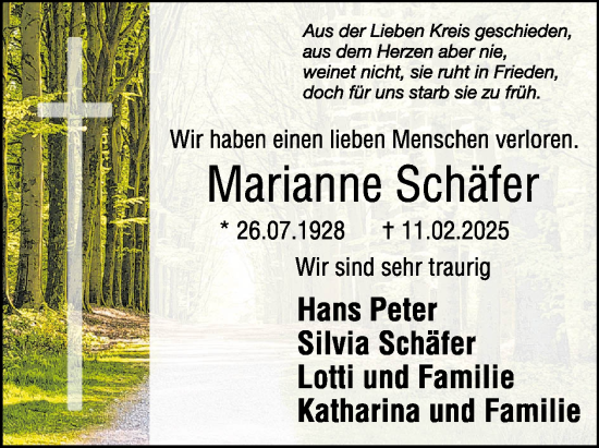 Traueranzeige von Marianne Schäfer von WochenSpiegel