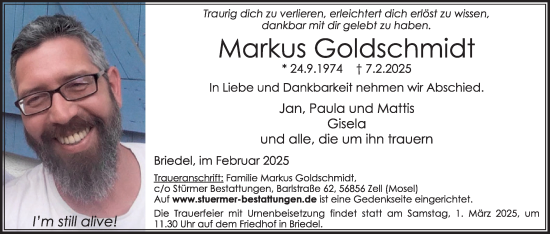 Traueranzeige von Markus Goldschmidt von WochenSpiegel