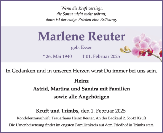 Traueranzeige von Marlene Reuter von WochenSpiegel