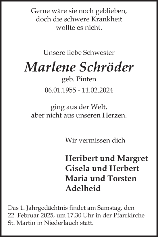 Traueranzeige von Marlene Schröder von WochenSpiegel
