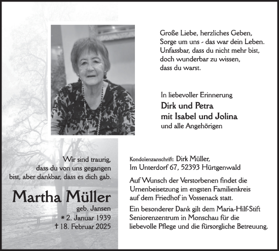 Traueranzeige von Martha Müller von WochenSpiegel
