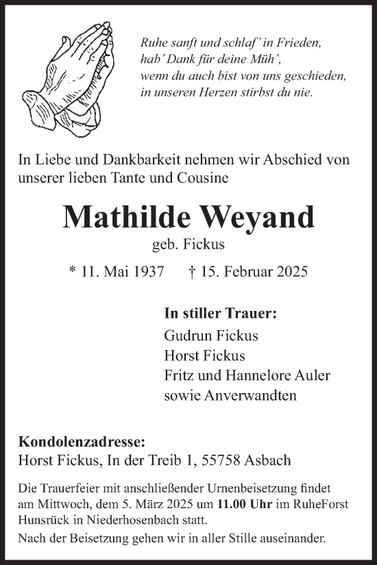Traueranzeige von Mathilde Weyand von WochenSpiegel