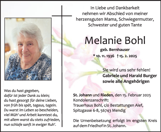 Traueranzeige von Melanie Bohl von WochenSpiegel