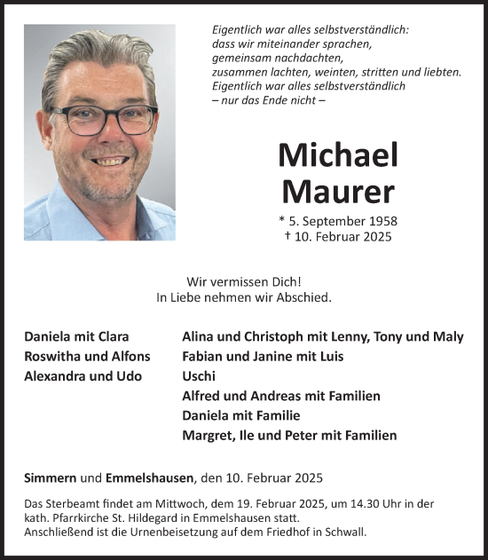 Traueranzeige von Michael Maurer von WochenSpiegel