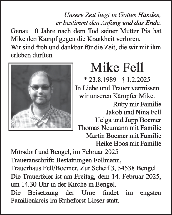 Traueranzeige von Mike Fell von WochenSpiegel