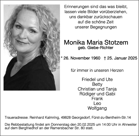Traueranzeige von Monika Maria Stotzem von WochenSpiegel