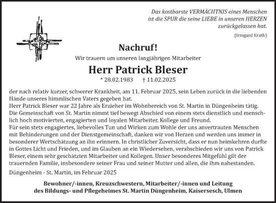 Traueranzeige von Patrick Bleser von WochenSpiegel