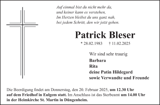 Traueranzeige von Patrick Bleser von WochenSpiegel