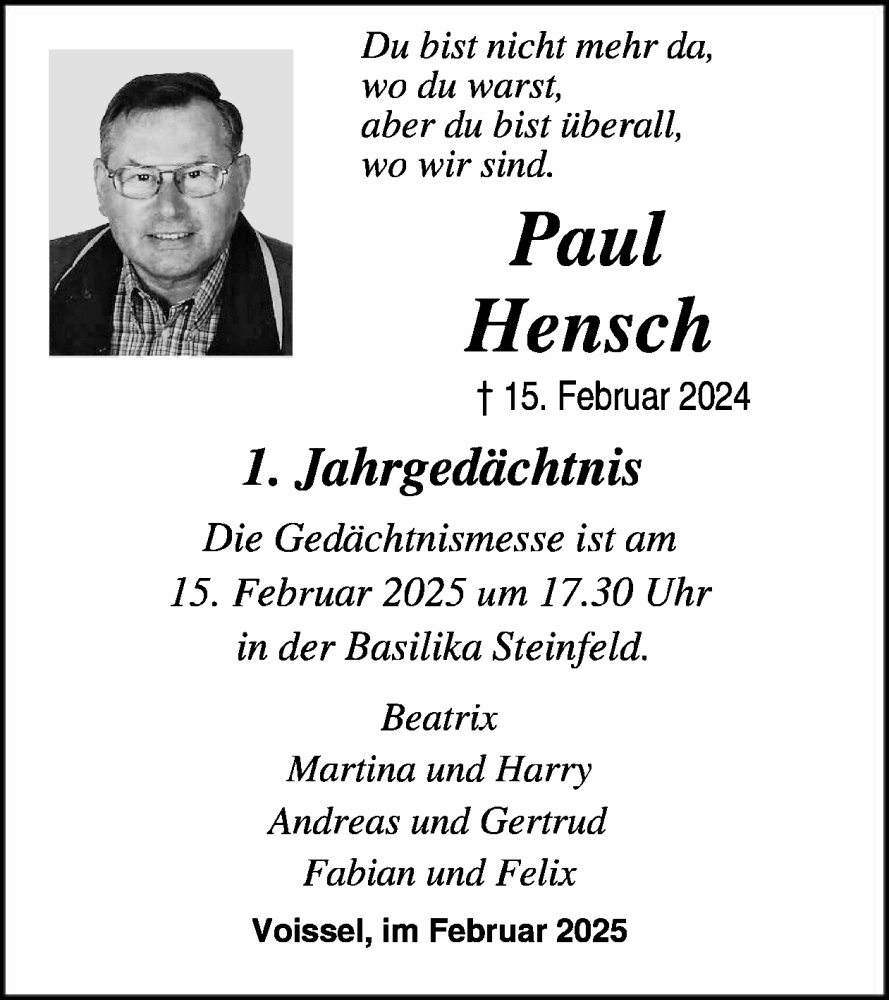  Traueranzeige für Paul Hensch vom 05.02.2025 aus WochenSpiegel