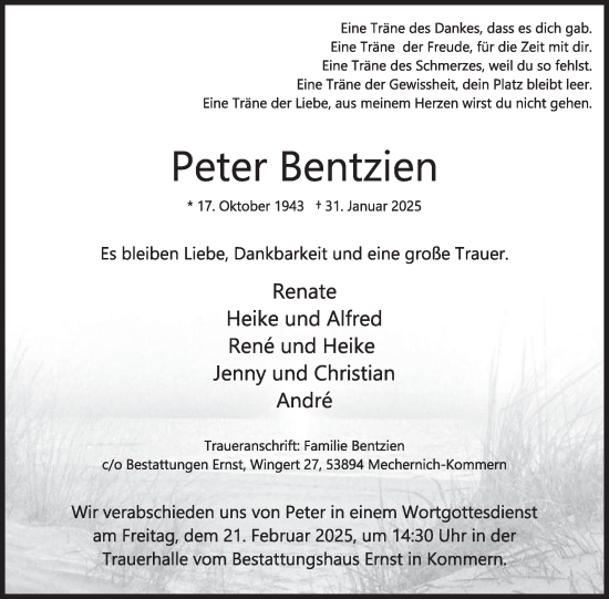 Traueranzeige von Peter Bentzien von WochenSpiegel