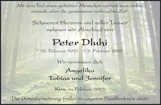 Traueranzeige von Peter Dluhi von WochenSpiegel