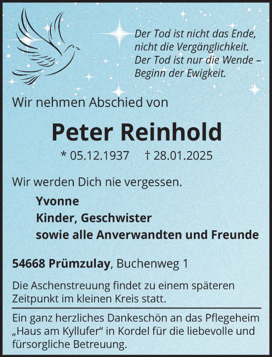Traueranzeige von Peter Reinhold von WochenSpiegel