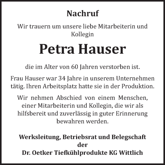 Traueranzeige von Petra Hauser von WochenSpiegel