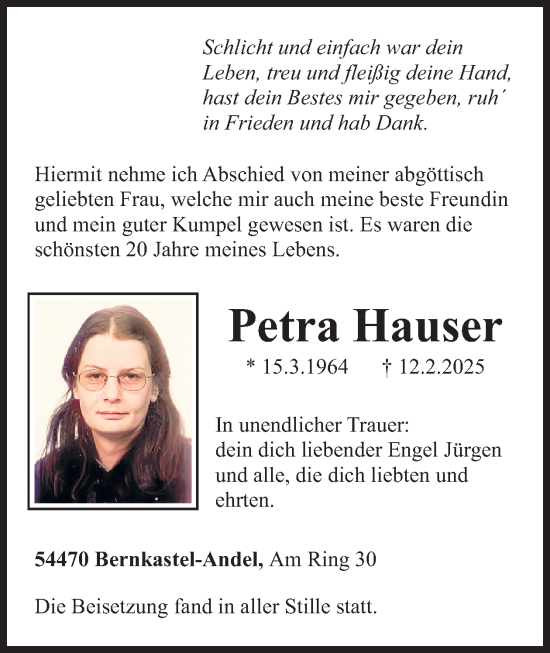 Traueranzeige von Petra Hauser von WochenSpiegel