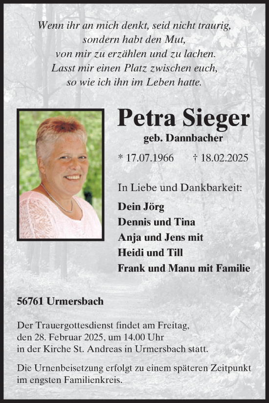 Traueranzeige von Petra Sieger von WochenSpiegel