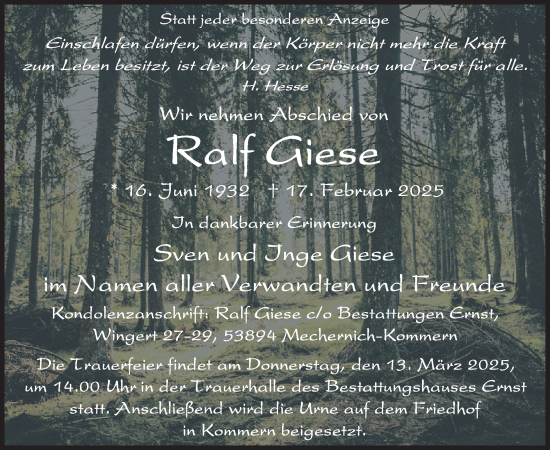 Traueranzeige von Ralf  Giese von WochenSpiegel