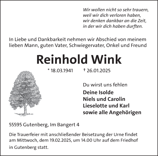 Traueranzeige von Reinhold Wink von WochenSpiegel