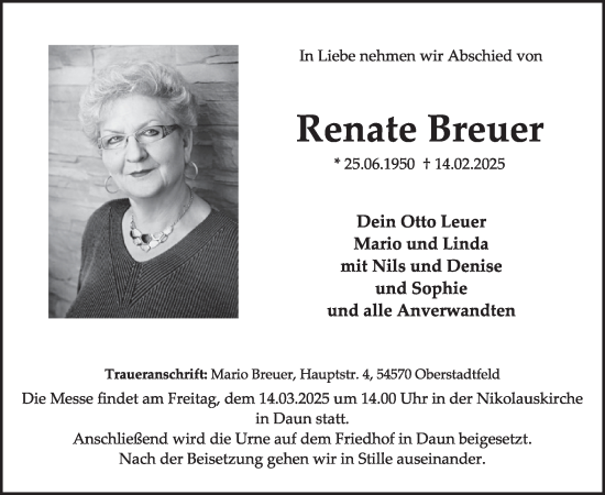 Traueranzeige von Renate Breuer von WochenSpiegel