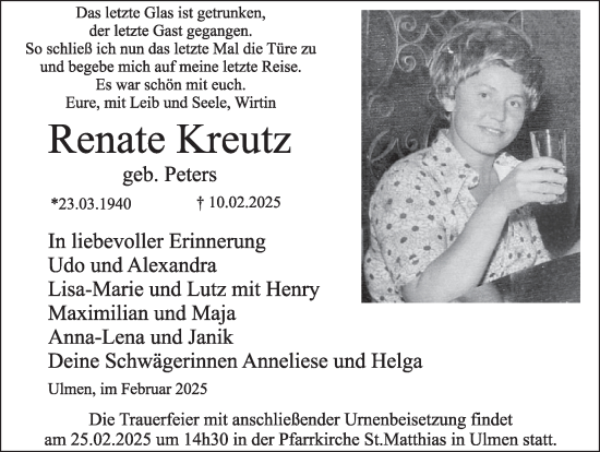 Traueranzeige von Renate Kreutz von WochenSpiegel