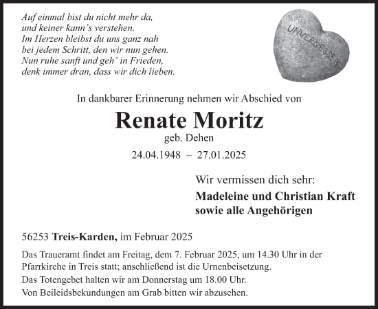 Traueranzeige von Renate Moritz von WochenSpiegel