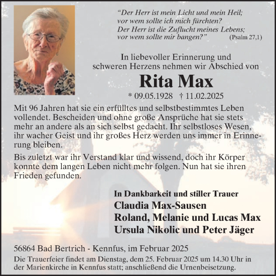 Traueranzeige von Rita Max von WochenSpiegel