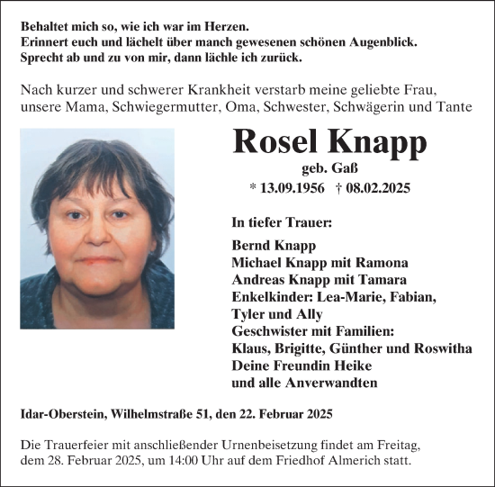 Traueranzeige von Rosel Knapp von WochenSpiegel