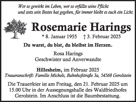 Traueranzeige von Rosemarie Harings von WochenSpiegel