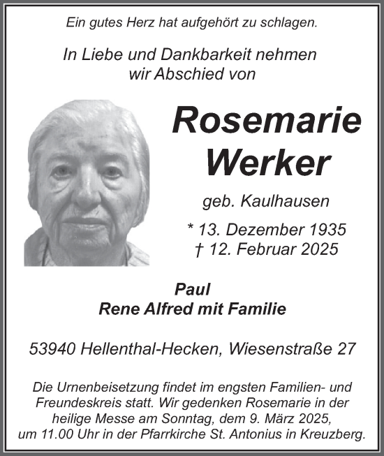 Traueranzeige von Rosemarie Werker von WochenSpiegel