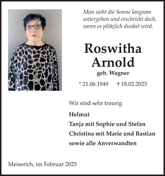 Traueranzeige von Roswitha Arnold von WochenSpiegel