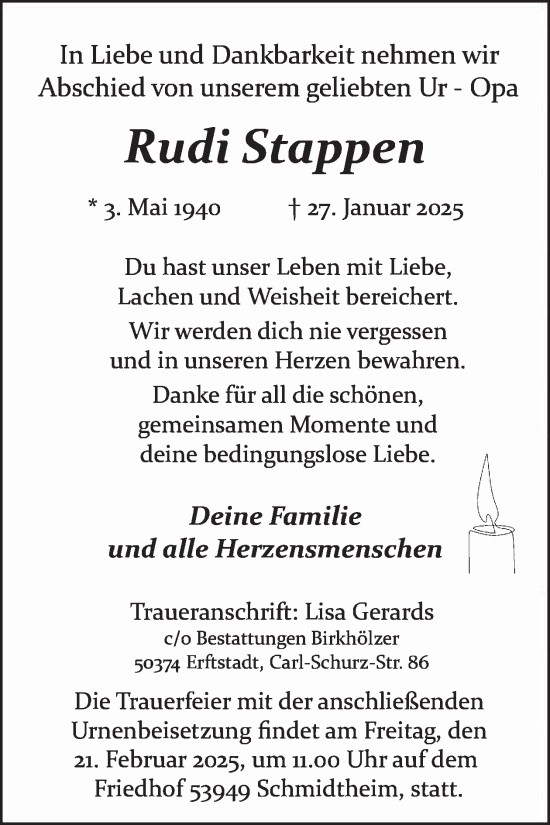 Traueranzeige von Rudi Stappen von WochenSpiegel