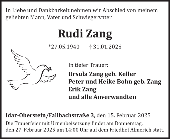 Traueranzeige von Rudi Zang von WochenSpiegel
