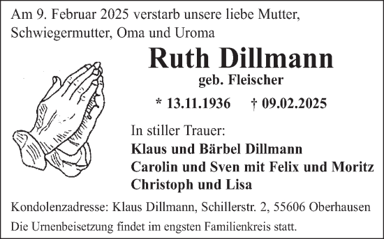 Traueranzeige von Ruth Dillmann von WochenSpiegel