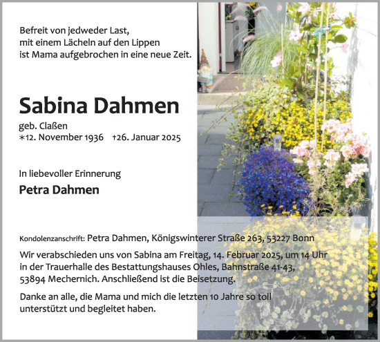 Traueranzeige von Sabina Dahmen von WochenSpiegel