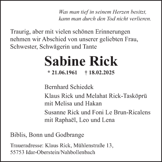 Traueranzeige von Sabine Rick von WochenSpiegel