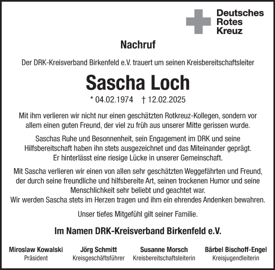 Traueranzeige von Sascha Loch von WochenSpiegel