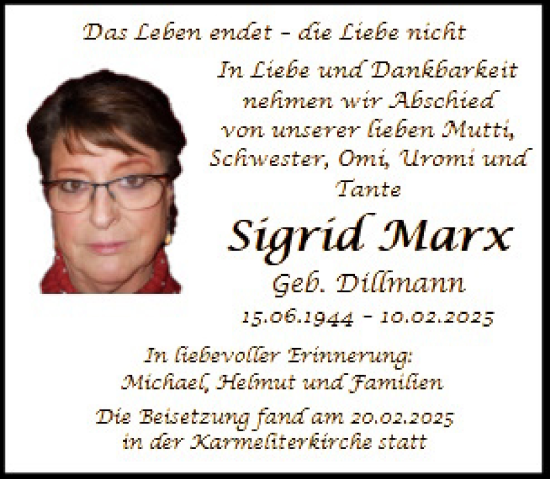 Traueranzeige von Sigrid Marx von WochenSpiegel