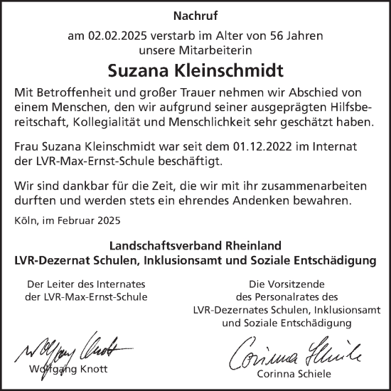 Traueranzeige von Suzana Kleinschmidt von WochenSpiegel
